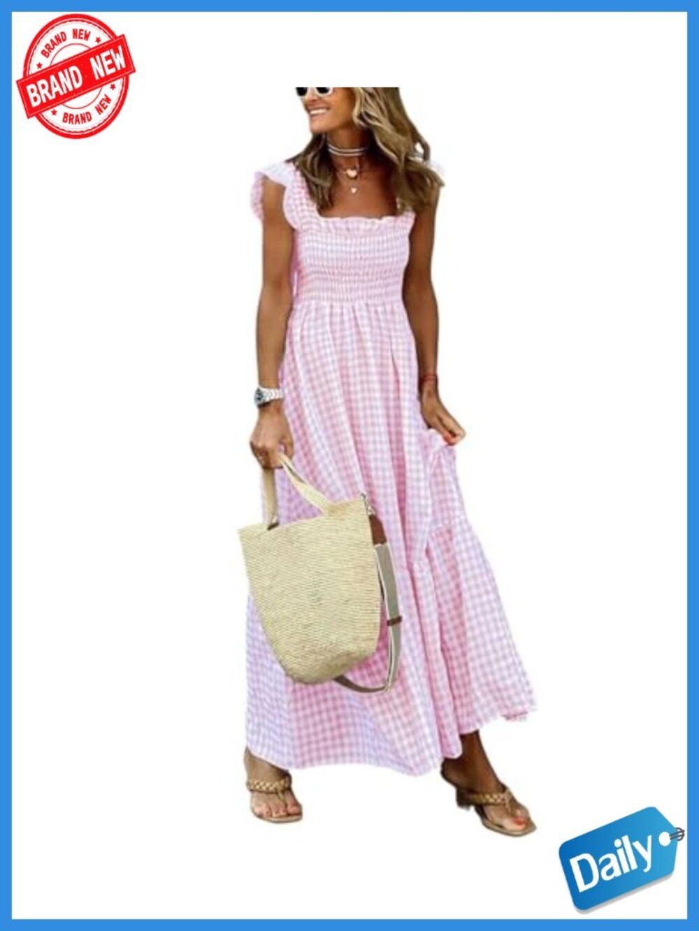 Retro Plaid Smocked Spaghetti Strap Flounce Long Dress Cotton